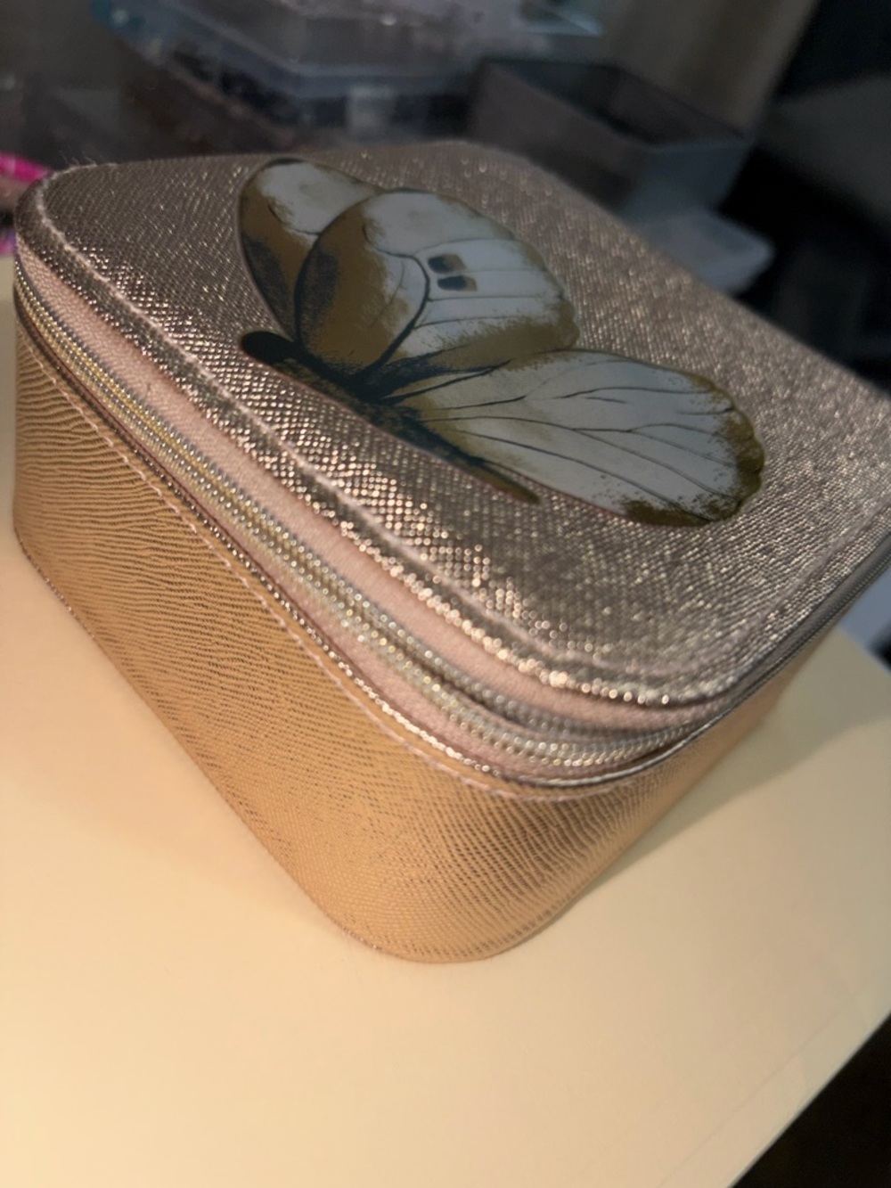 Butterfly Compact Jewelry Case in Shimmery Rose Gold